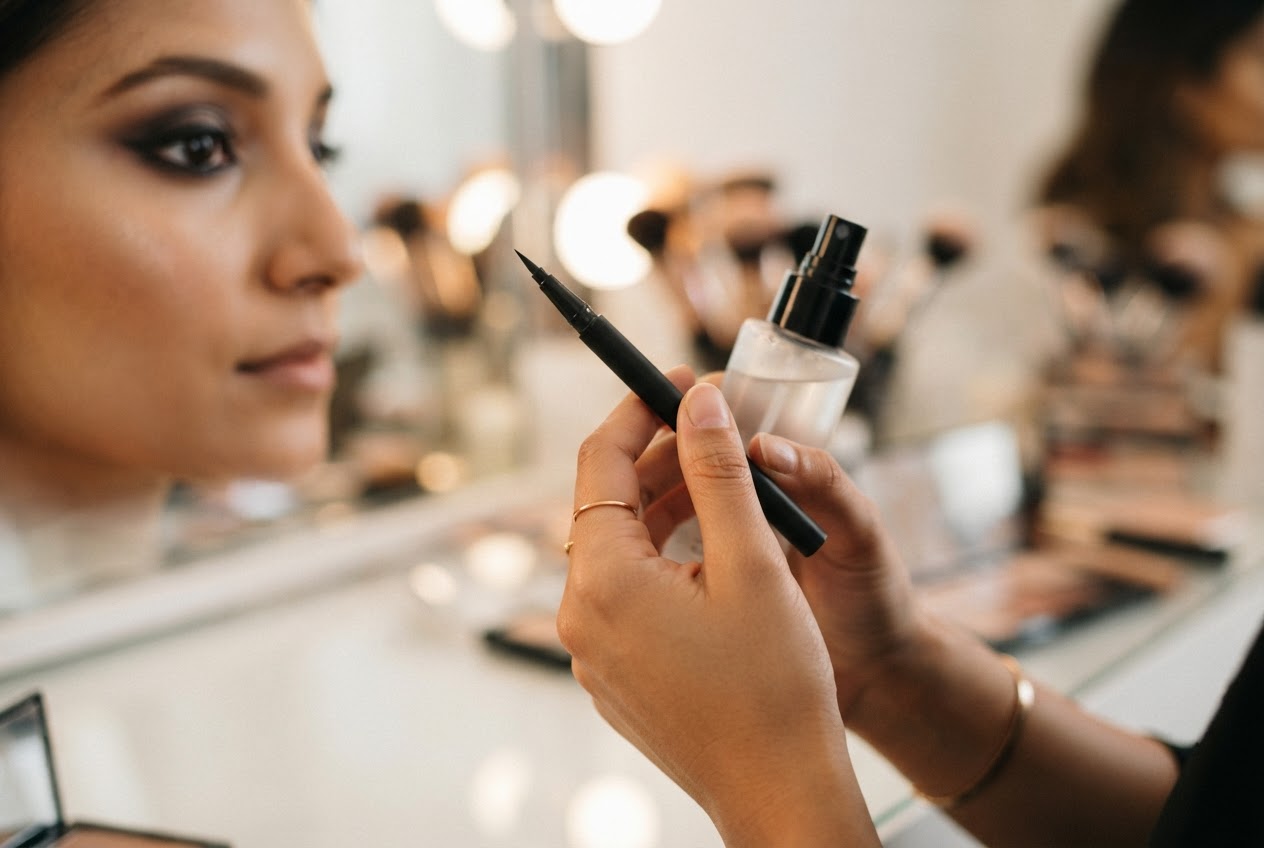 A hand holding a setting spray bottle and a waterproof eyeliner pen, with a blurred makeup vanity in the background.
