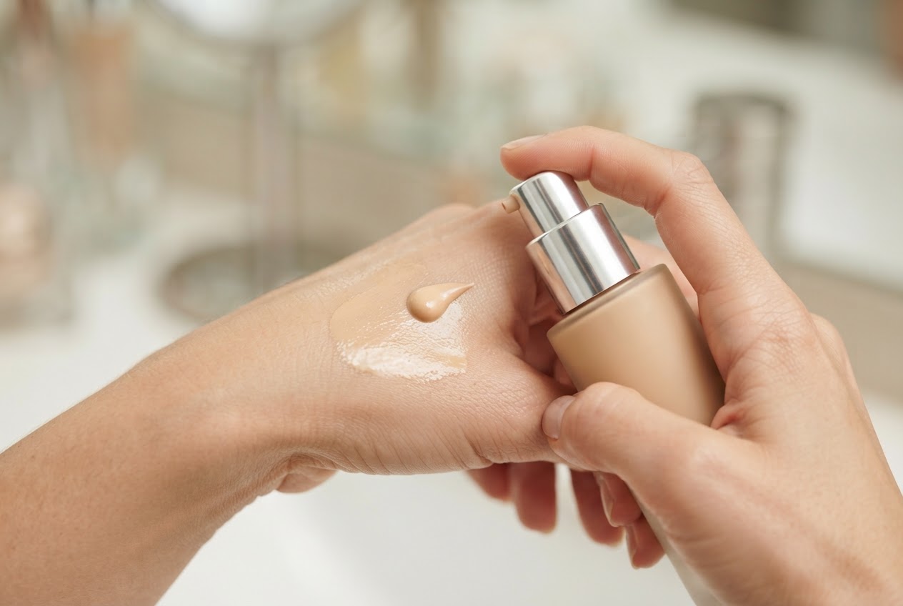 A hand holding a bottle of liquid foundation, with a pump dispensing a drop onto the back of the hand, showing a luminous finish.