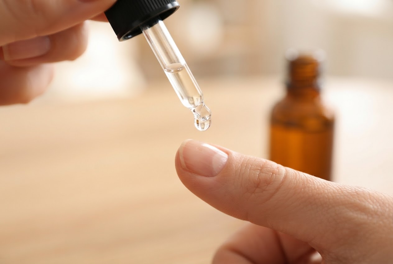 A dropper bottle of nail oil, with a drop being applied to a fingernail and cuticle, the oil spreading as a thin film.