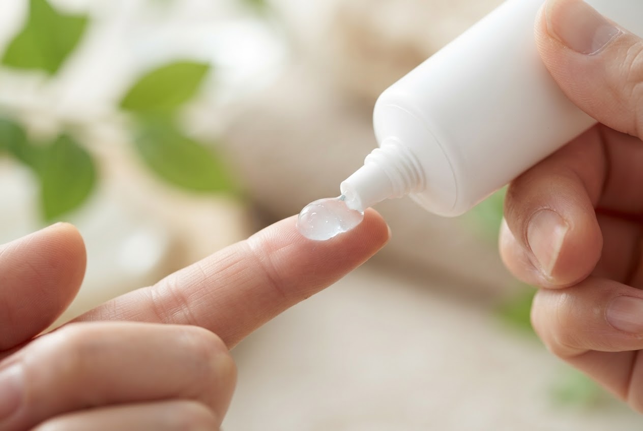 A clear, light gel being squeezed from a tube onto a fingertip, with a fresh, watery consistency, neutral background.