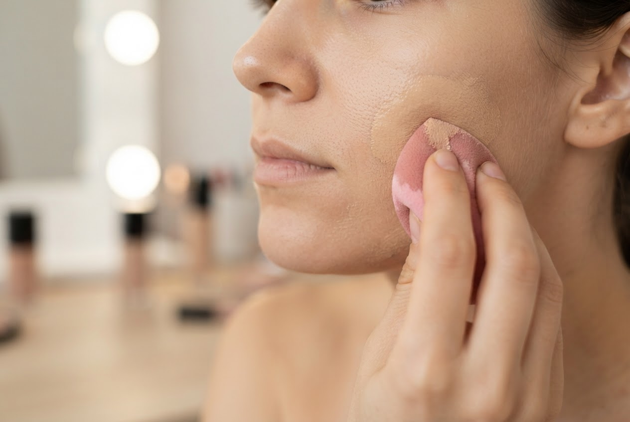 Close-up of a hand using a damp beauty sponge to dab foundation on the center of a face, blending outward.