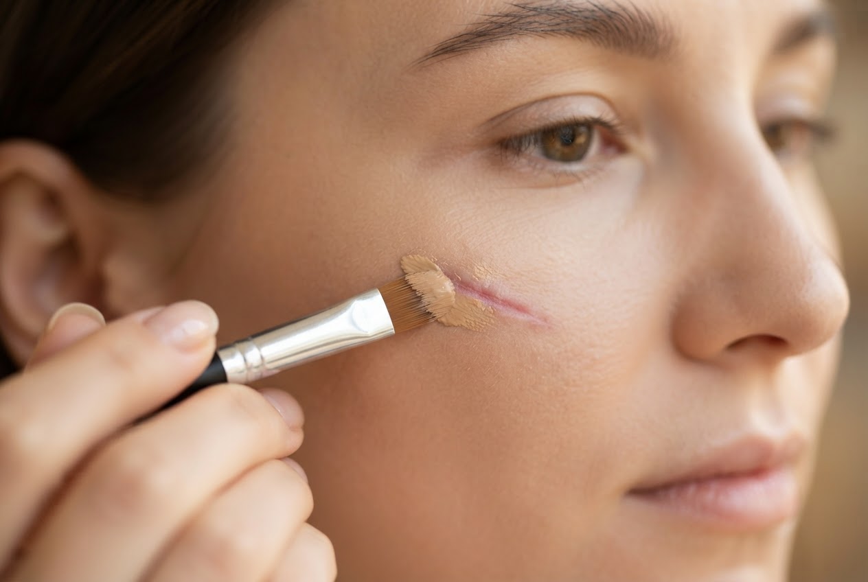 A flat synthetic brush applies camouflage foundation onto a scar on a cheek.