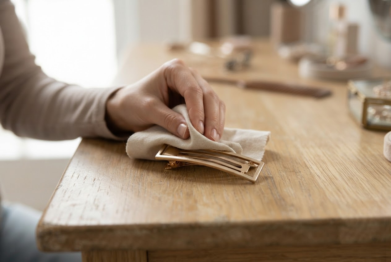 Hand wiping a metal hair clip with a dry cloth.