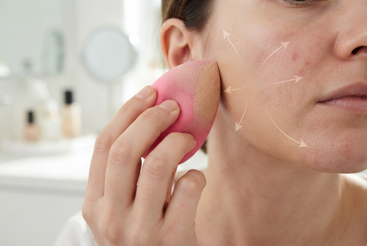 A hand holding a damp beautyblender dabbing foundation on a face, starting from the center and blending outward.