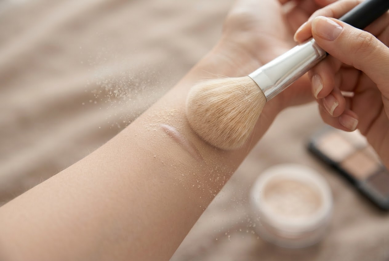 A powder brush applies translucent setting powder over a camouflaged scar on the skin.