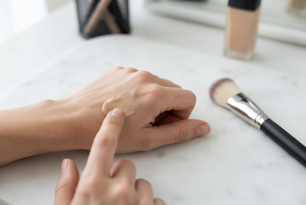 A hand with a small amount of foundation swatched on the back, with a makeup brush resting nearby.