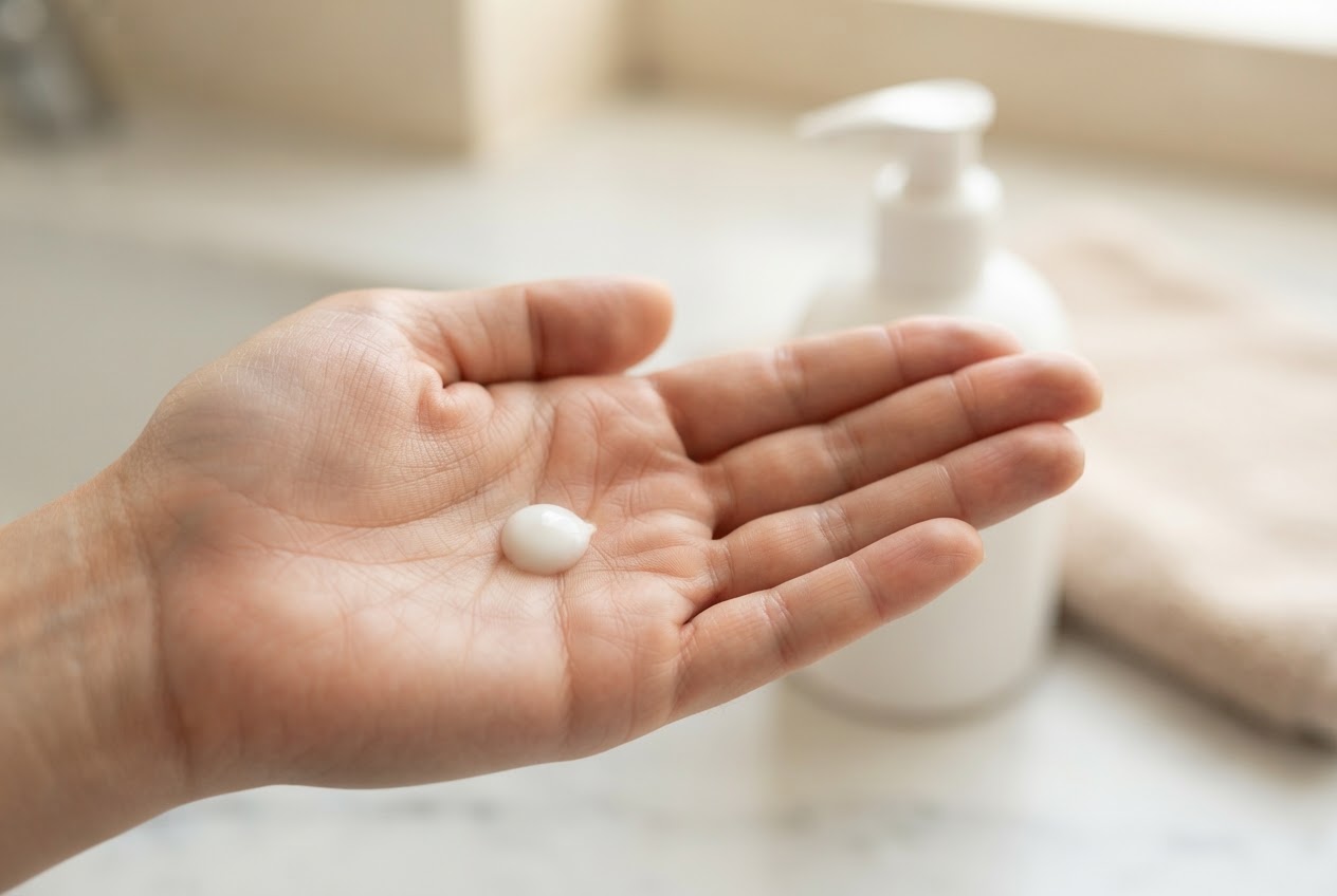 A realistic photo of a hand holding a pea-sized amount of liquid cleanser, with a small bottle in the background.