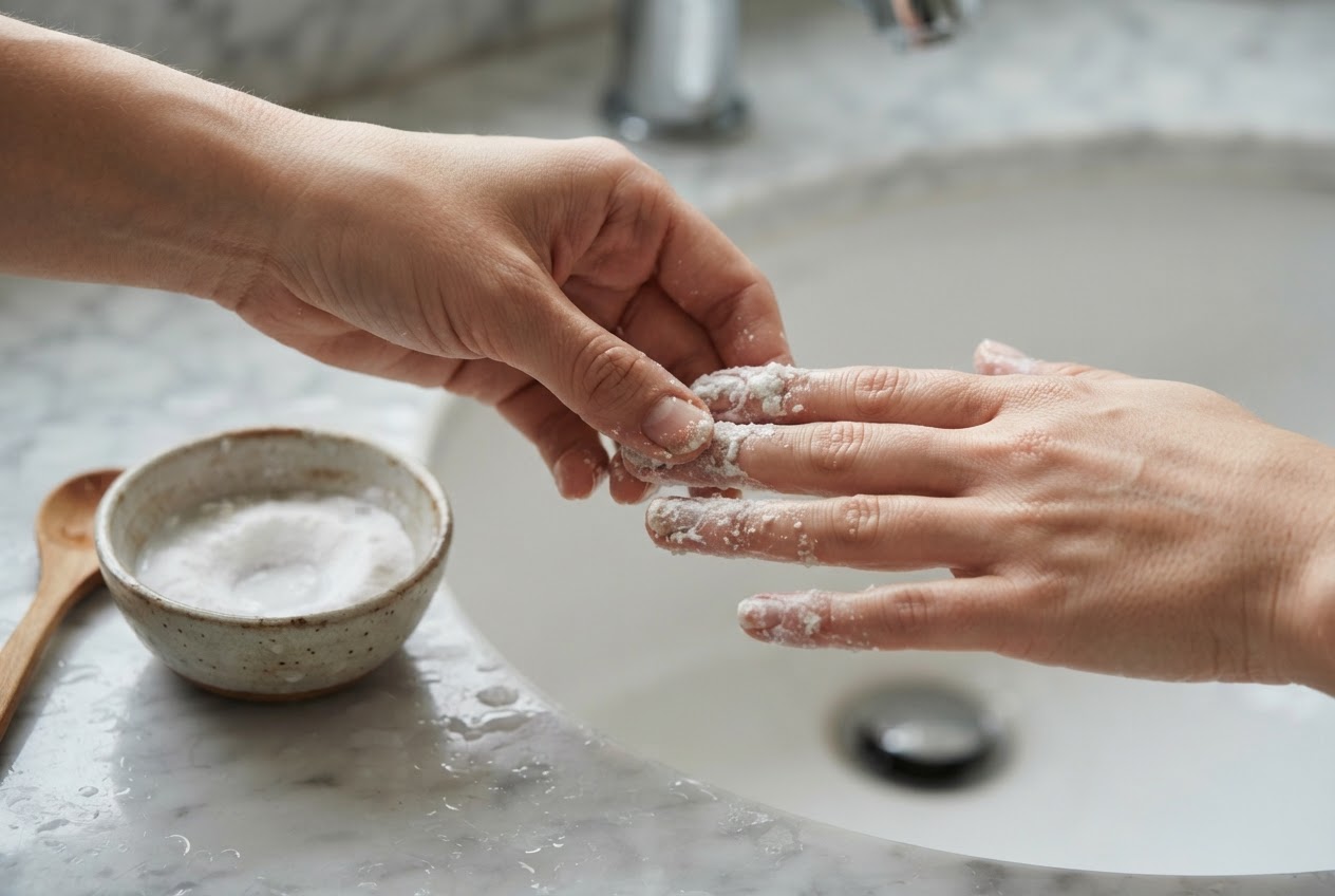 A hand with a thick baking soda paste being massaged onto fingernails over a sink.