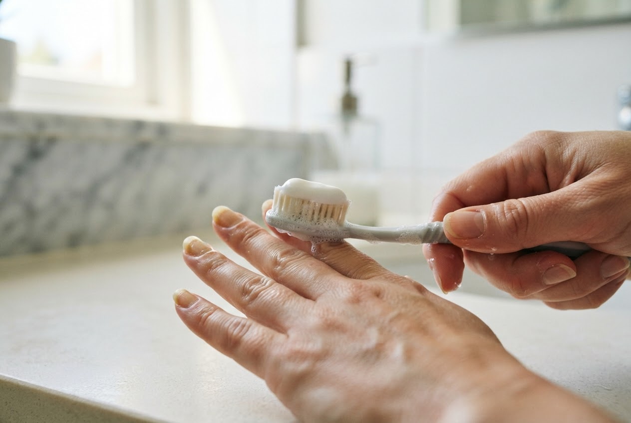 A hand holding a toothbrush with white toothpaste, brushing fingernails.