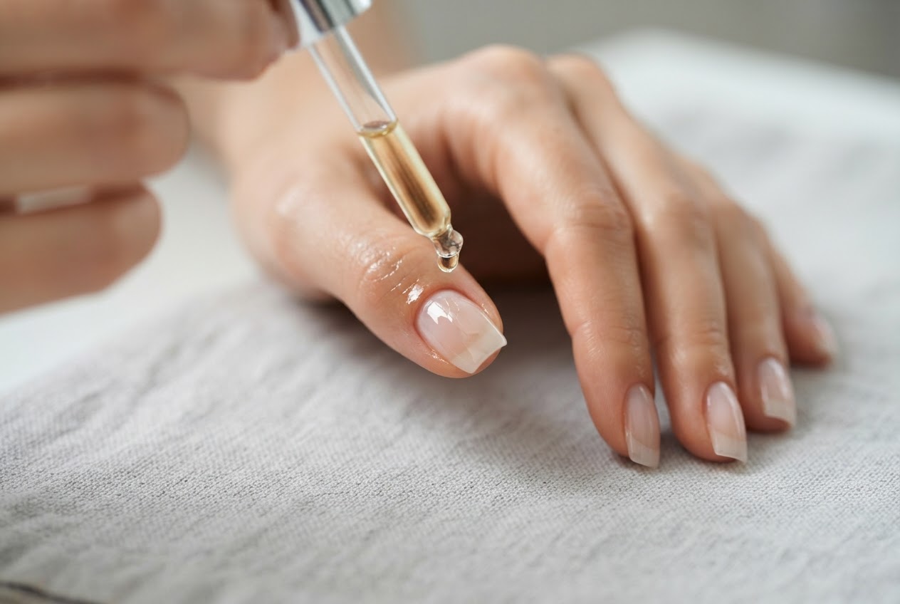 A dropper applying cuticle oil to the nail bed of a finger with acrylic nails.