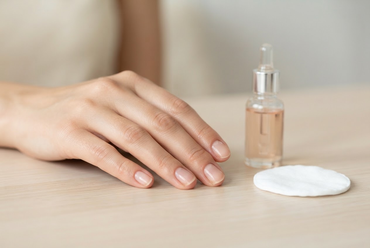 A hand with bare, clean fingernails, no polish, with a nail oil bottle nearby.