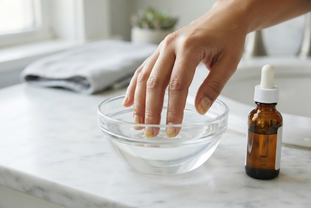 Fingertips immersed in a small bowl with a clear liquid (hydrogen peroxide solution).