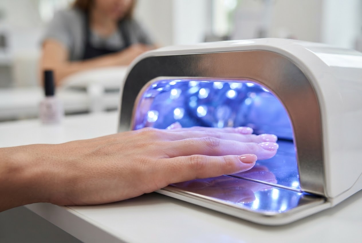 A client's hand placed inside a UV/LED nail lamp, with gel-coated nails glowing under the light.