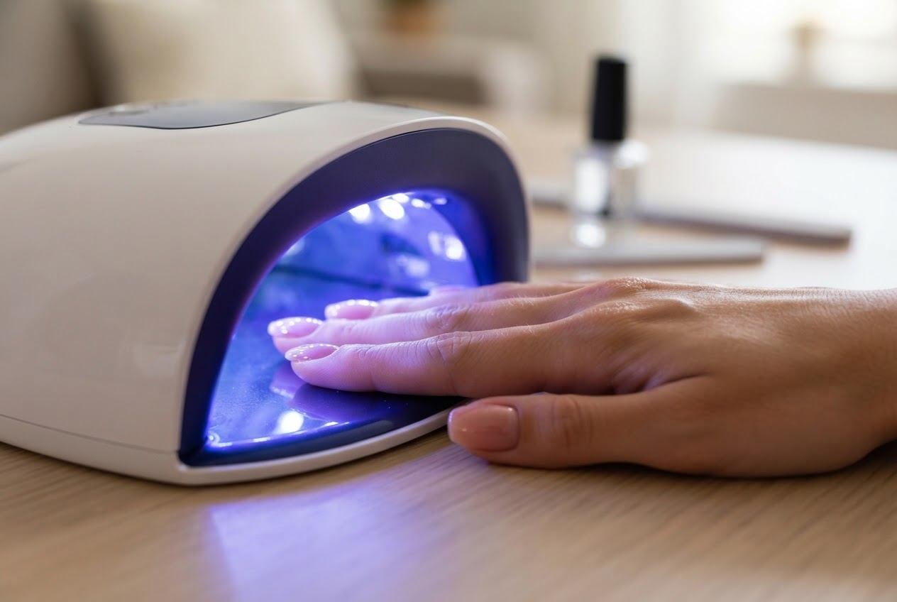 A hand placed inside a UV nail lamp, with the gel polish on nails glowing under the blue light.