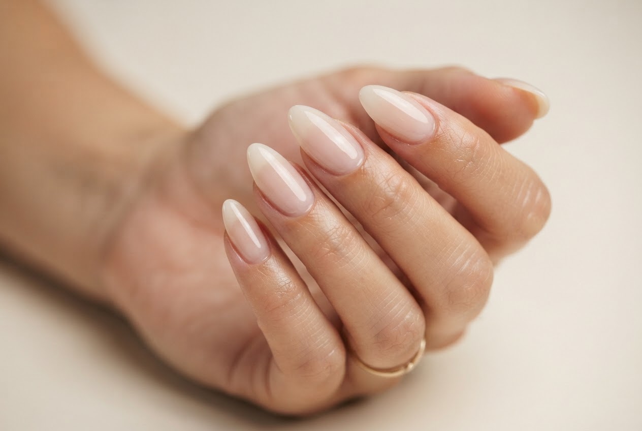 Close-up of a well-manicured hand with elegant almond-shaped acrylic nails, neutral background.