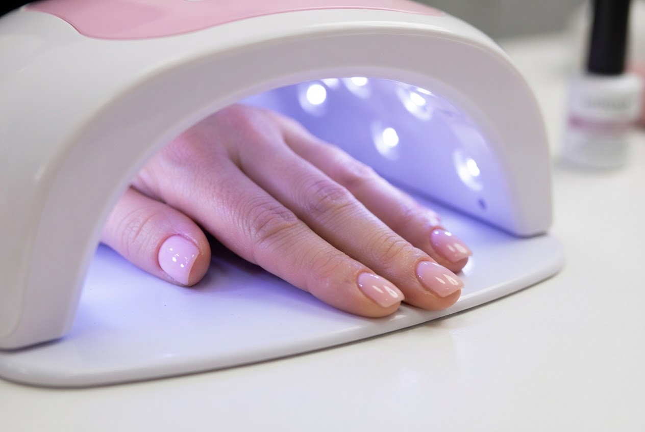A woman's hand with shiny gel-polished nails resting inside a UV nail lamp, the lamp glowing softly.