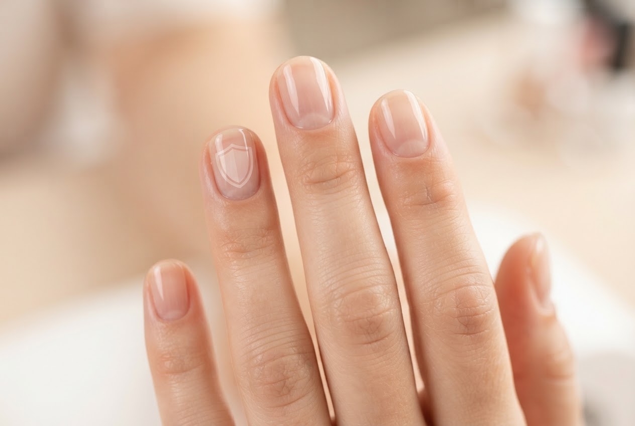 A close-up of a hand with a transparent protective coating on the nails, one nail highlighted with a shield-like overlay.