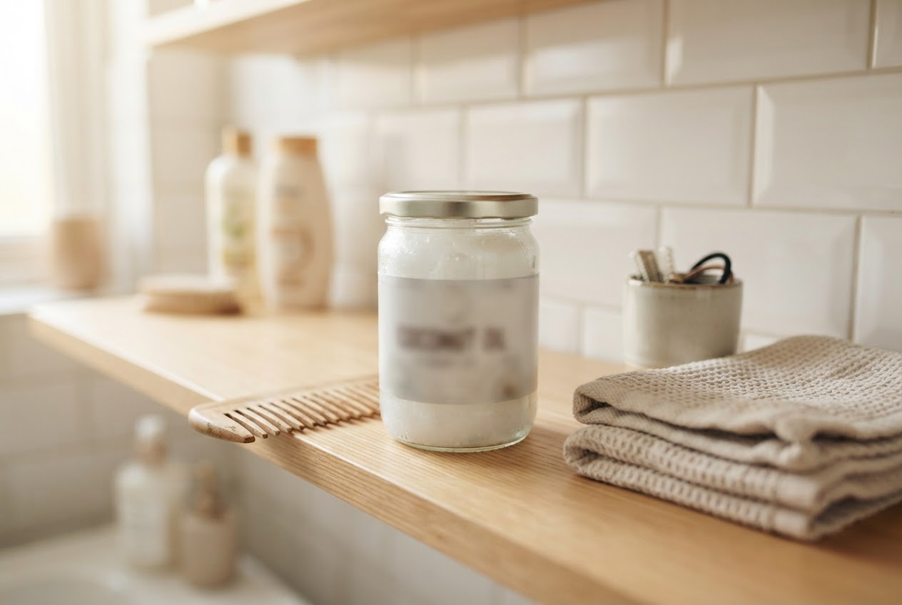 A bathroom shelf with a jar of coconut oil, a wooden comb, and a folded towel, suggesting its everyday presence in hair care.