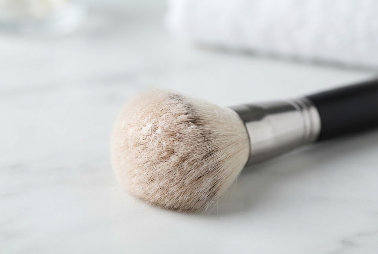 A fluffy powder brush with light powder residue dusted on its bristle tips