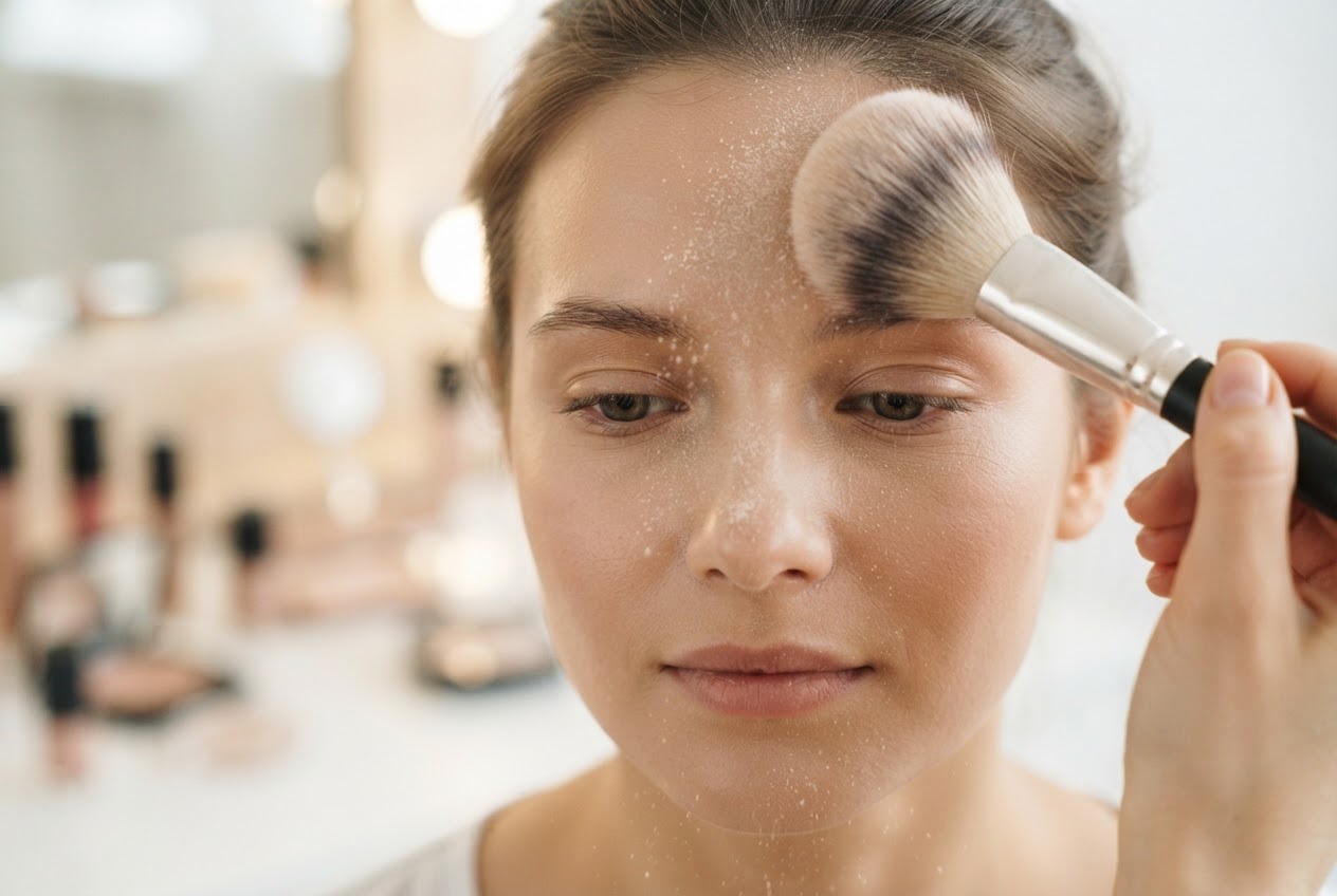 A large powder brush dusting translucent powder over the forehead, nose, and chin.