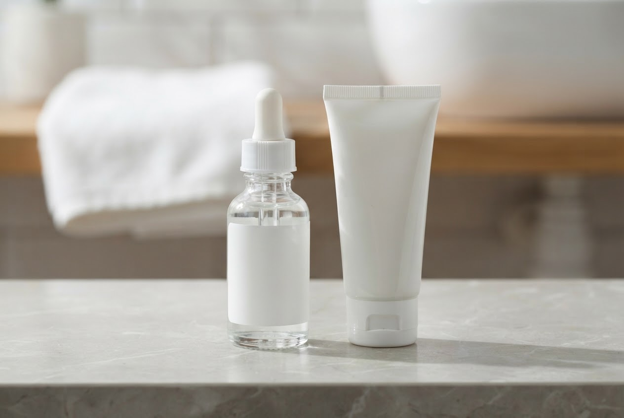 A serum bottle and a mask tube side by side, representing leave-on and wash-off formats.