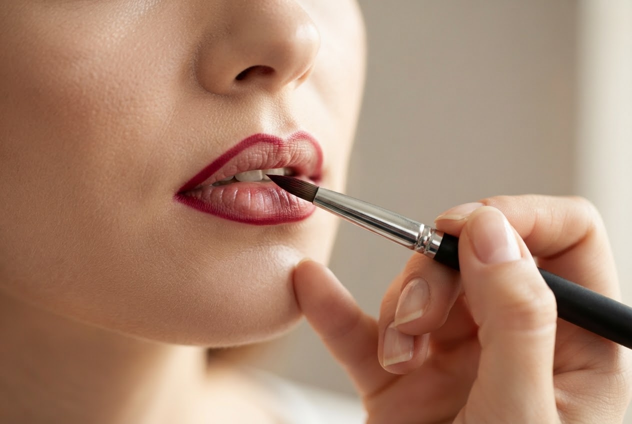 A lip brush with a fine tip applying lipstick to a model's lips.