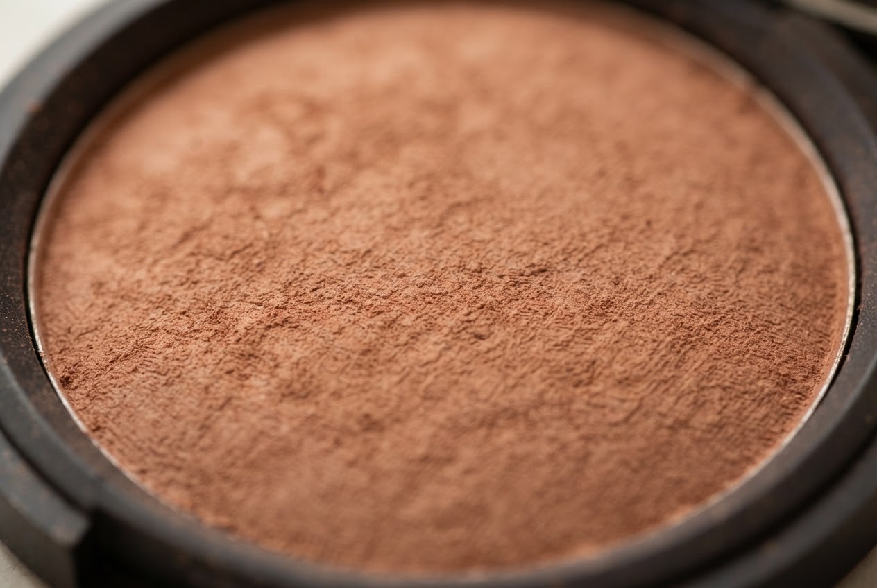 Macro shot of the pressed bronzer powder showing its sandy, reddish-brown color and fine texture.