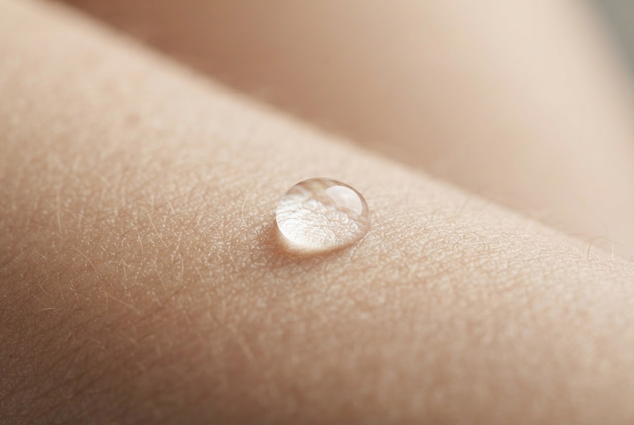 A macro photo of skin with a water droplet beading up, demonstrating its barrier function.