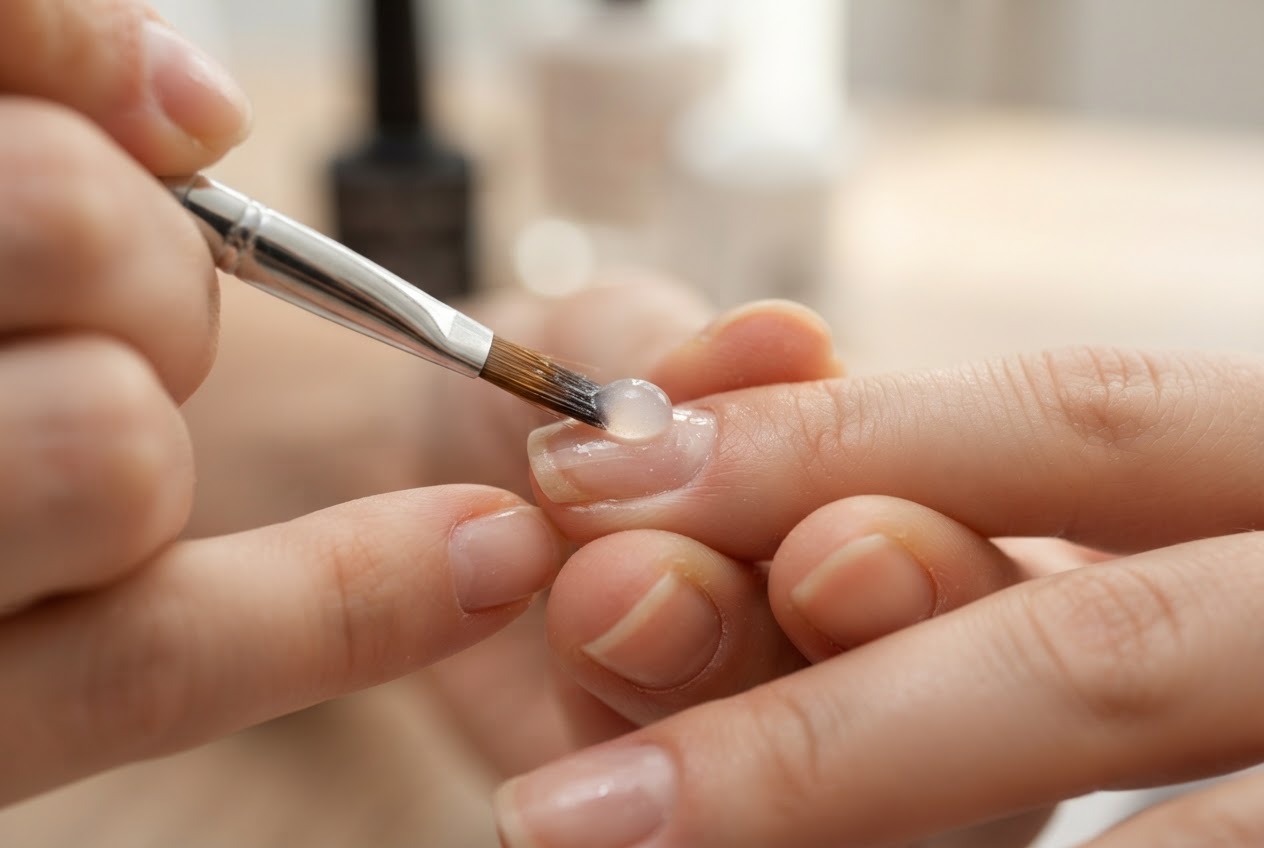 Macro close-up of a brush holding a small acrylic bead being positioned on the center of a nail.
