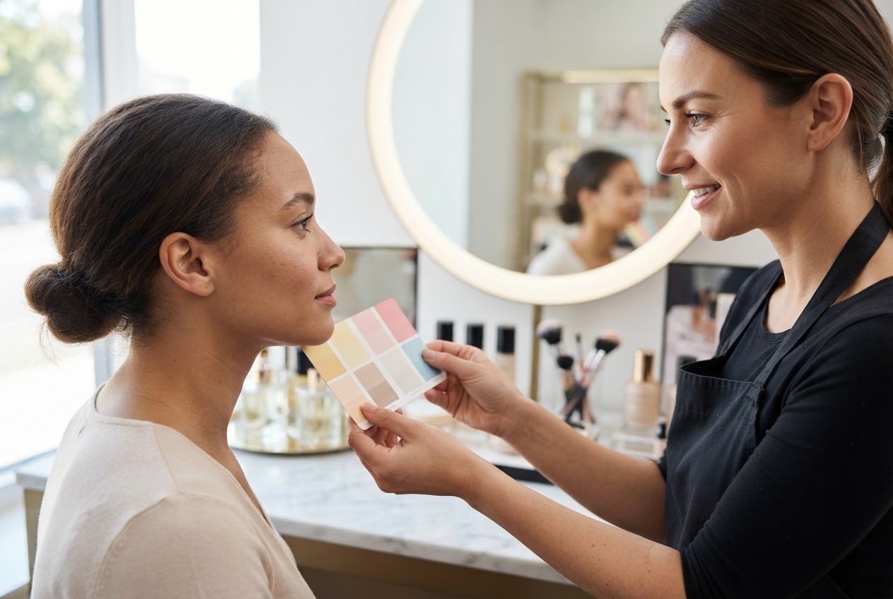 Makeup artist holding a color chart next to a customer's face during a consultation