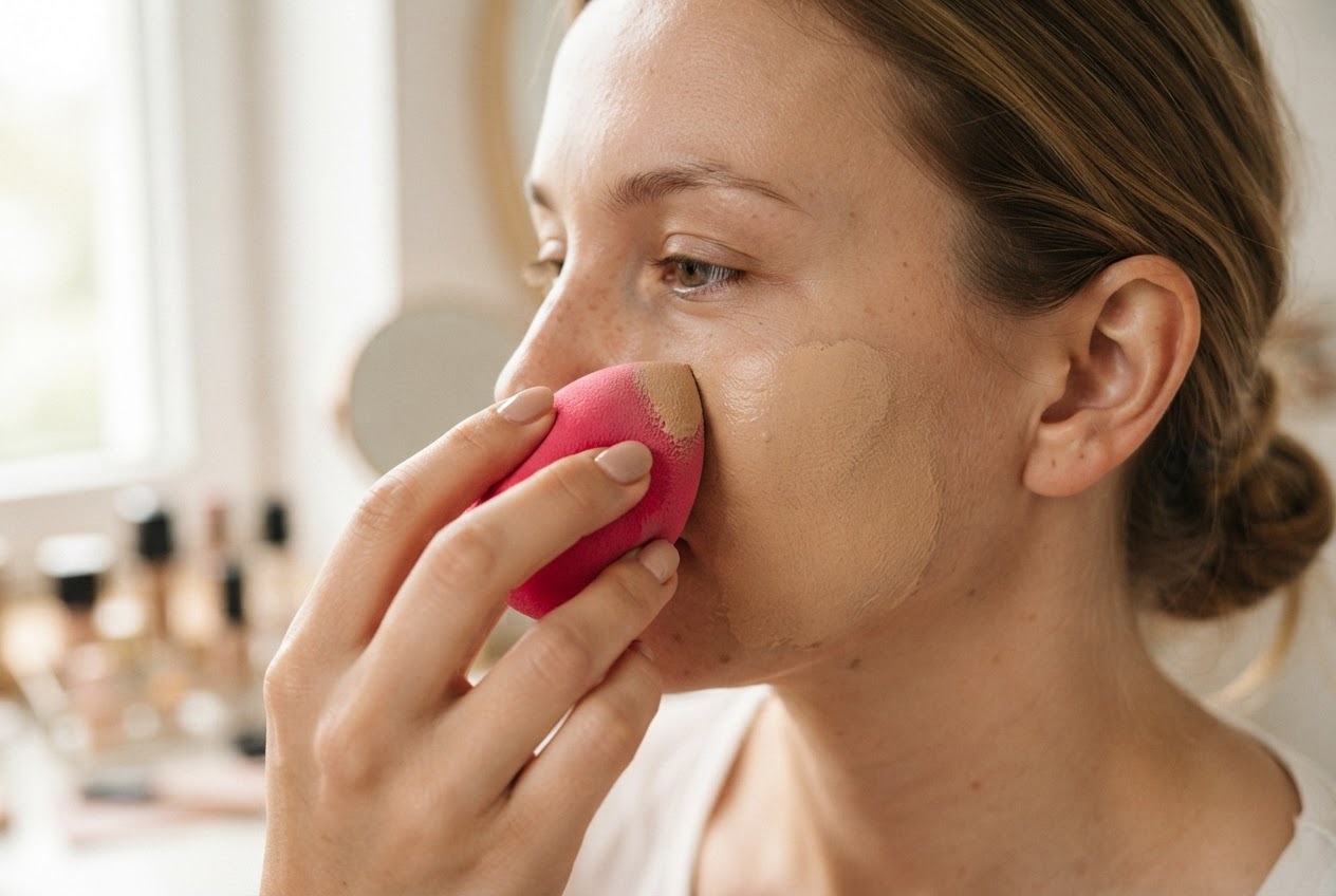 A pink makeup sponge being used to dab foundation onto a person's cheek.
