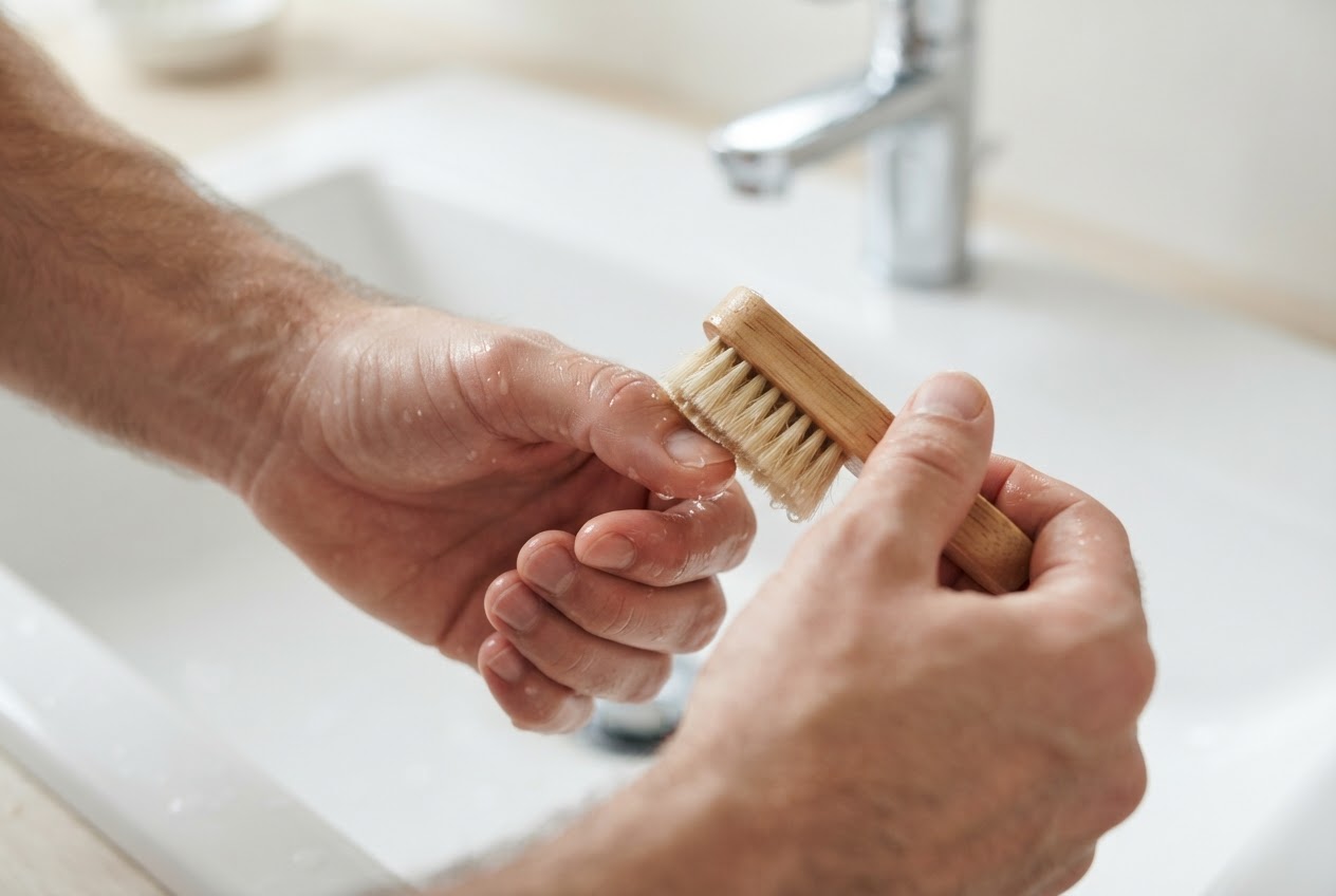 A man cleaning under his fingernails with a soft-bristled brush over a sink, with water running.