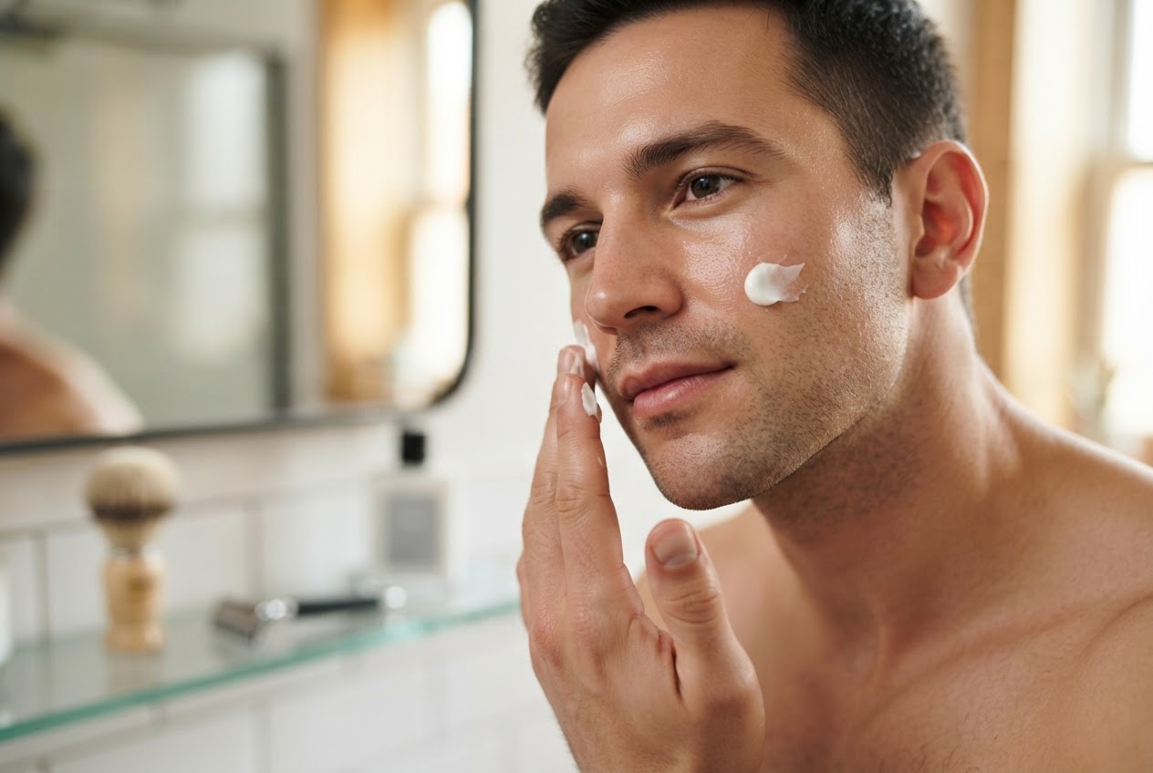 A man with a freshly shaved face gently pats after-shave balm onto his cheek with his fingertips, a small amount in his other palm.