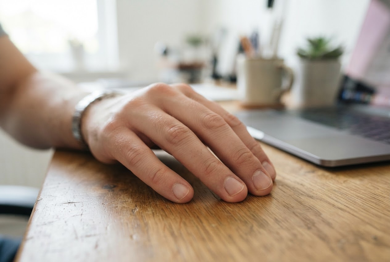 Close-up of a man's hand with short, neatly trimmed nails and healthy cuticles, resting on a desk.