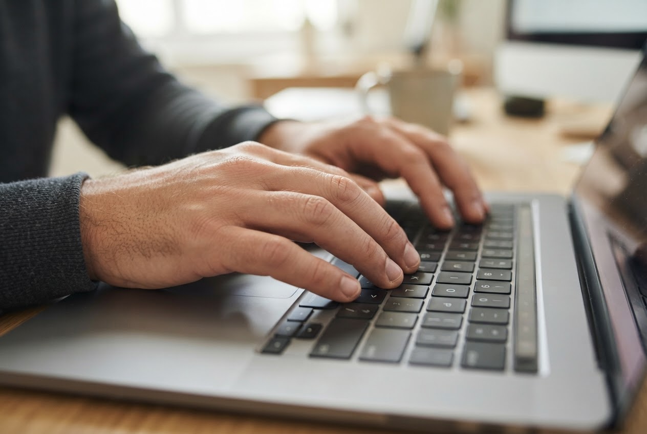Close-up of a man's hands typing on a laptop, with nails just above the fingertips and not extending beyond them.