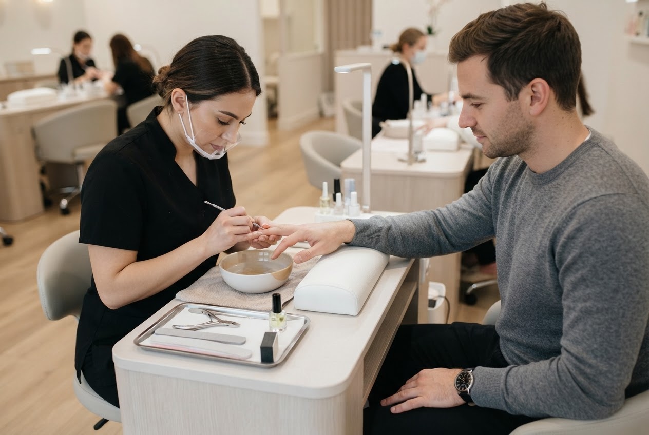 A male client receiving a professional manicure at a nail studio, with a manicurist working on his hand.