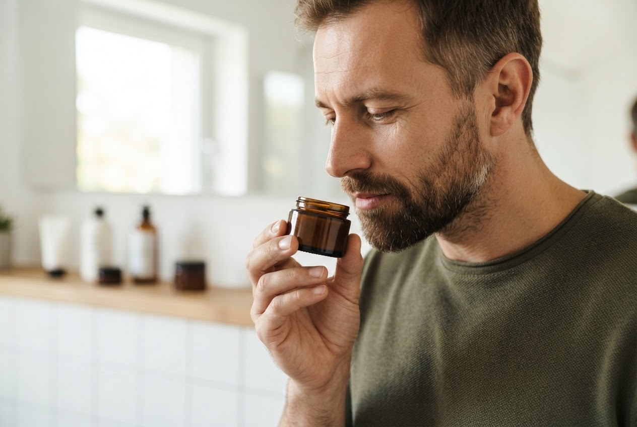 A man holds an unbranded skincare product to his nose, eyes closed, in a store or bathroom, with other products blurred in the background.
