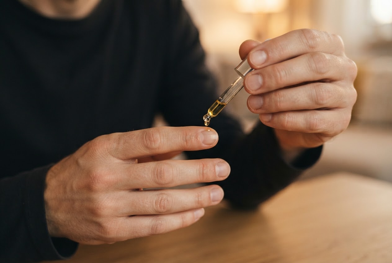 A man applying a drop of cuticle oil to his fingernail from a small dropper bottle, hand visible.