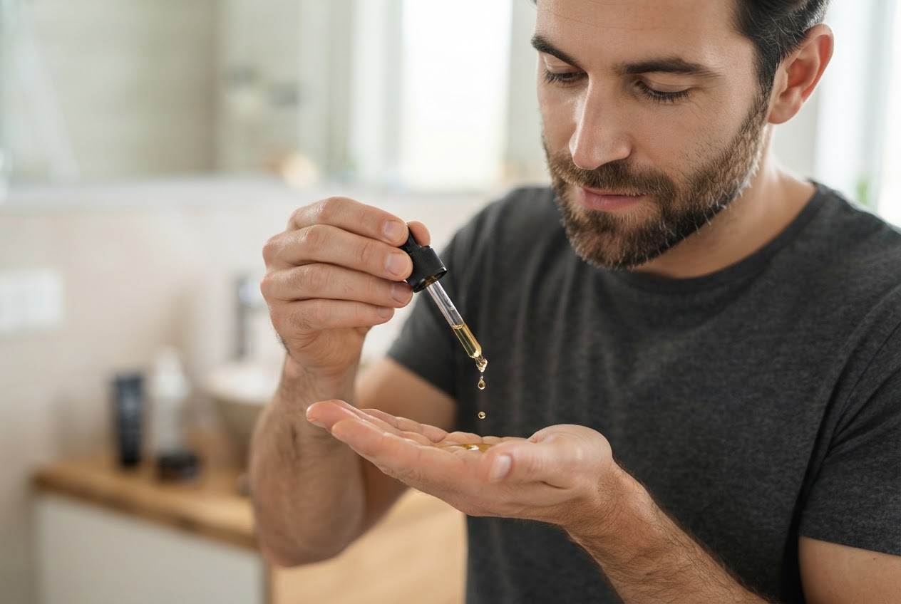 A man with a short beard applies a few drops of beard oil from a small bottle into his palm, then rubs his hands together.
