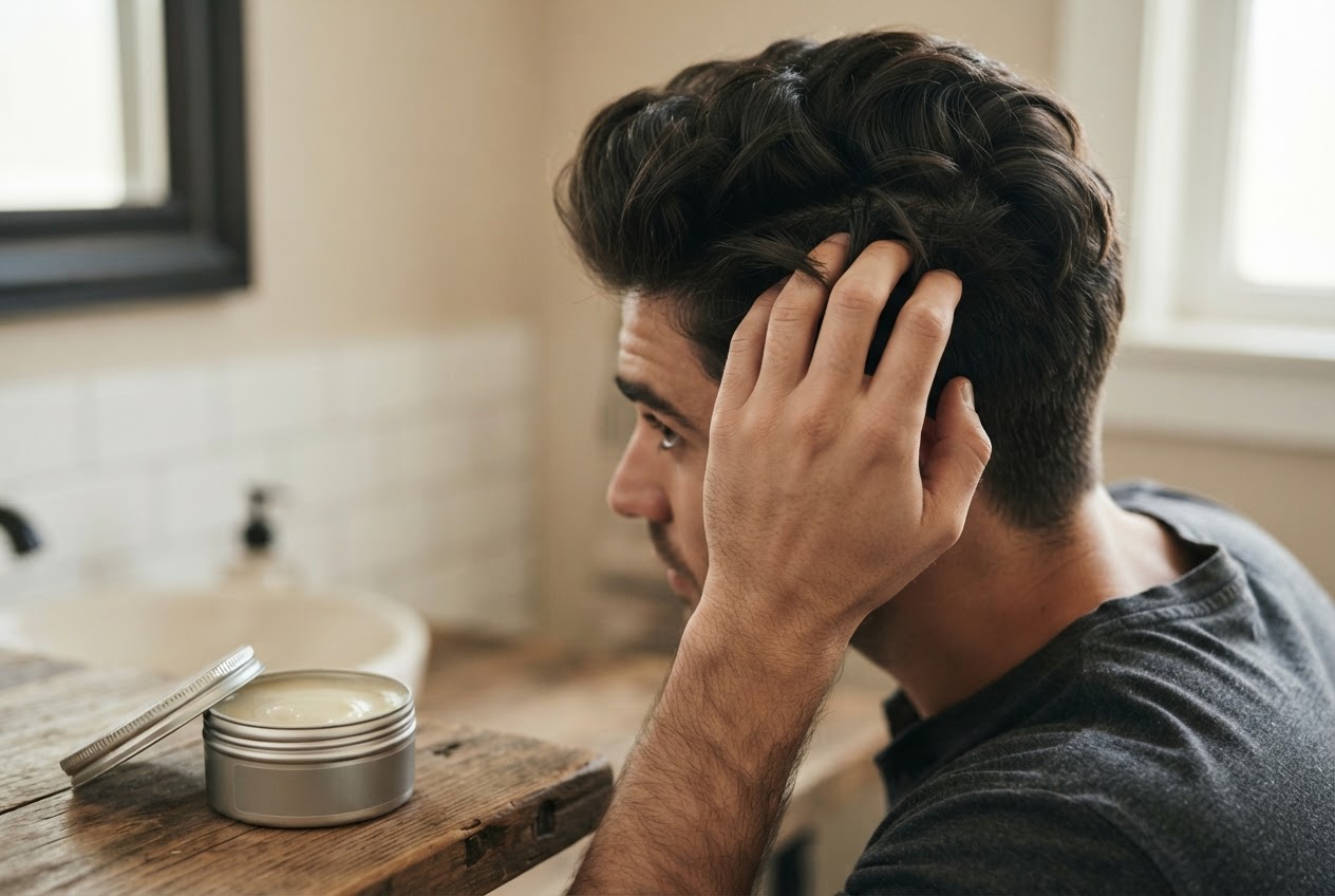 A man with thick, voluminous hair runs his fingers through his hair to reshape it, with an open tin of hair wax on a wooden table nearby.