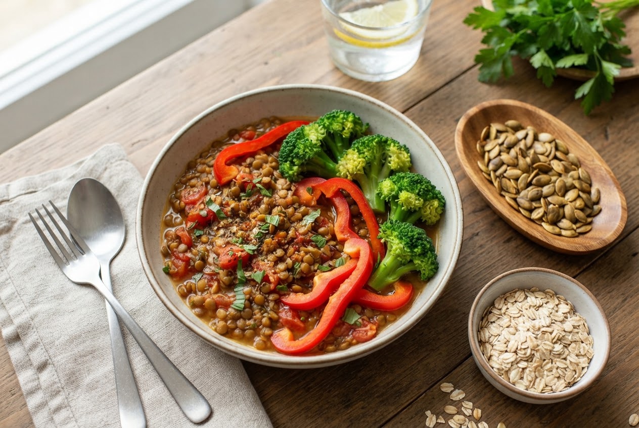 A bowl of lentils with red bell pepper slices and broccoli, with pumpkin seeds and oats in the background.