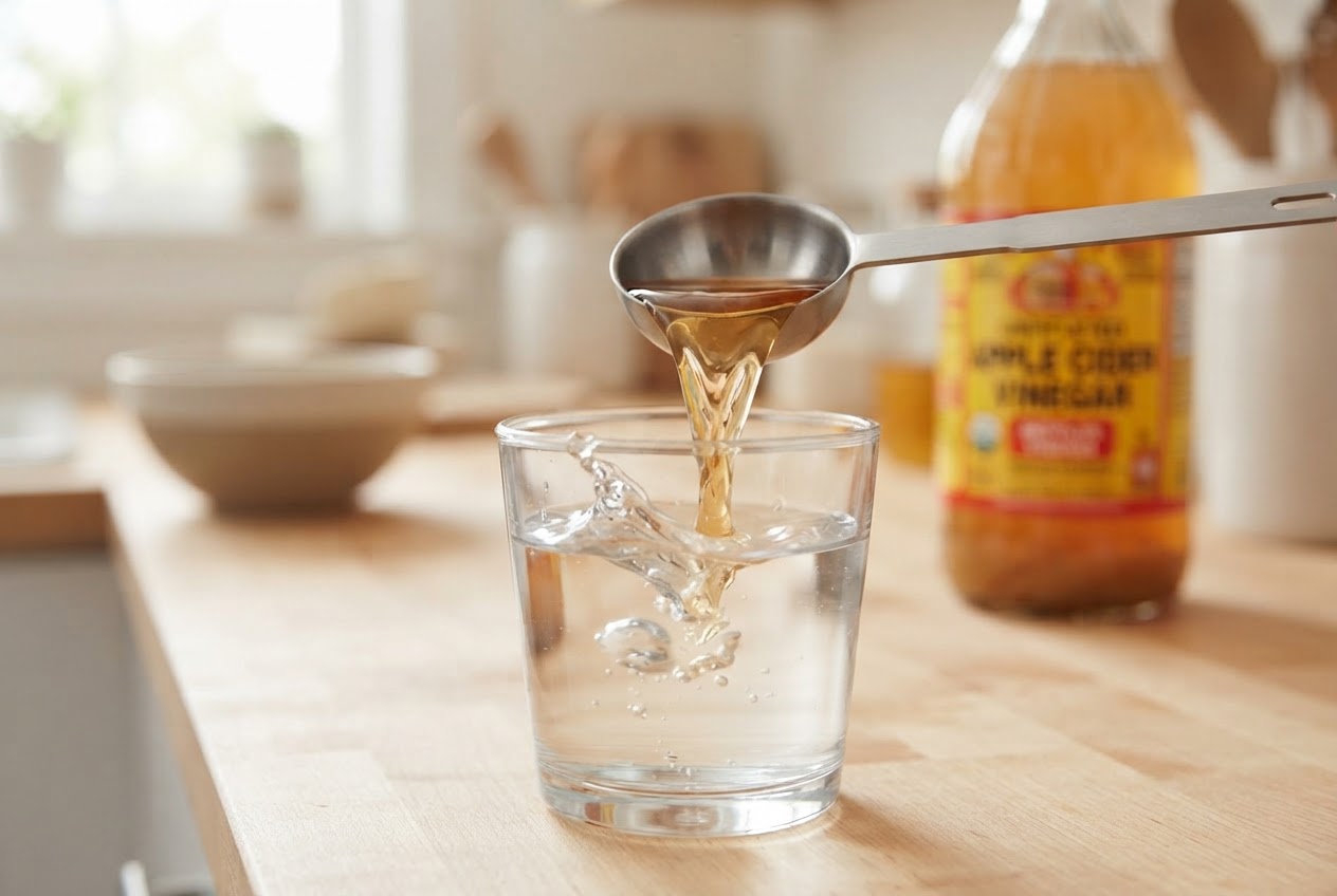 A measuring spoon with apple cider vinegar being poured into a glass of water, with a liter bottle in the background.