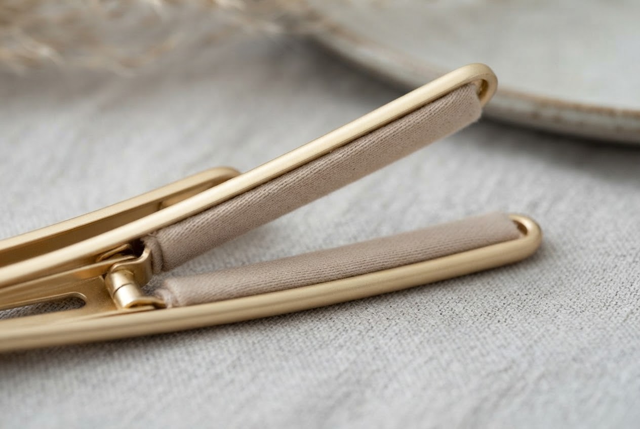 Metal hair clip with soft padded interior and rounded ends.
