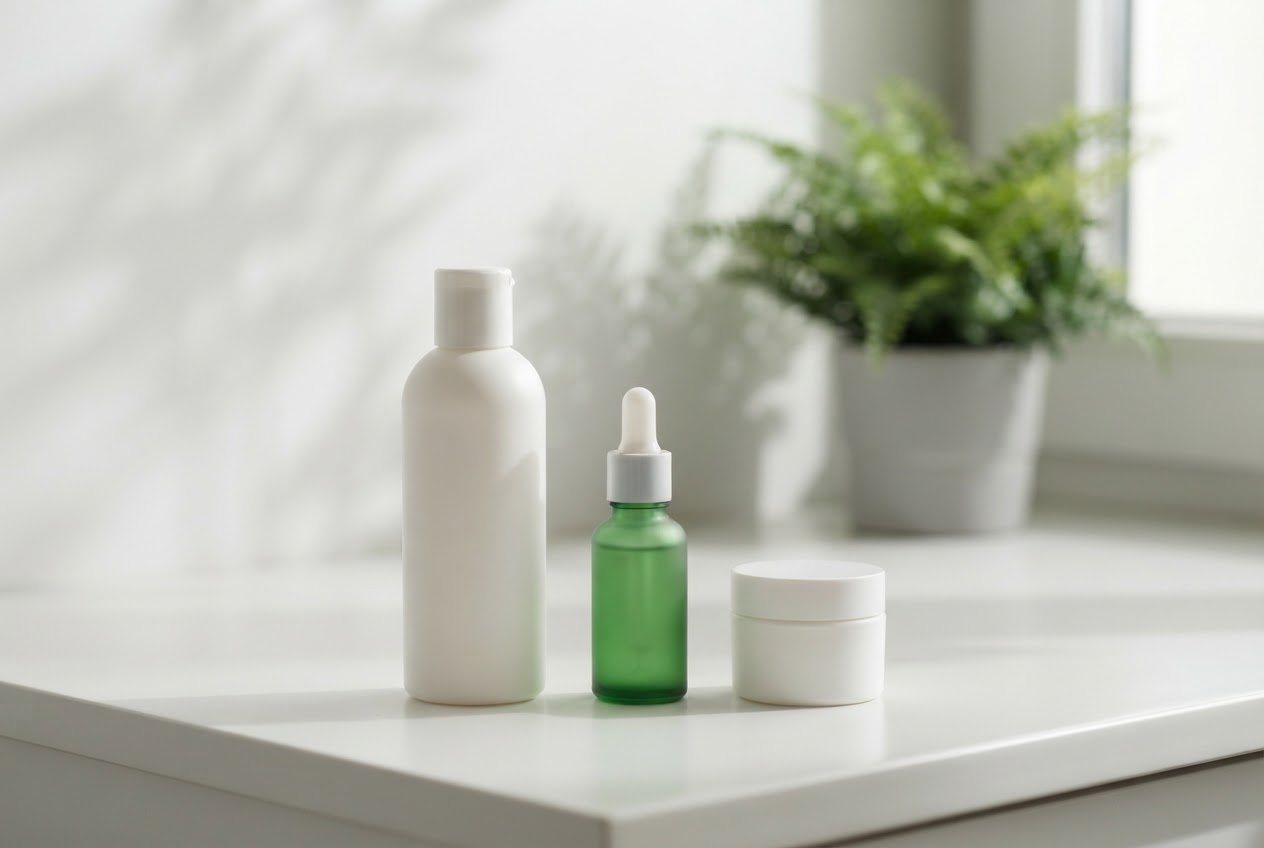 An unlabeled white bottle, a small green bottle, and a small jar arranged on a bathroom counter, with a green plant in the background.