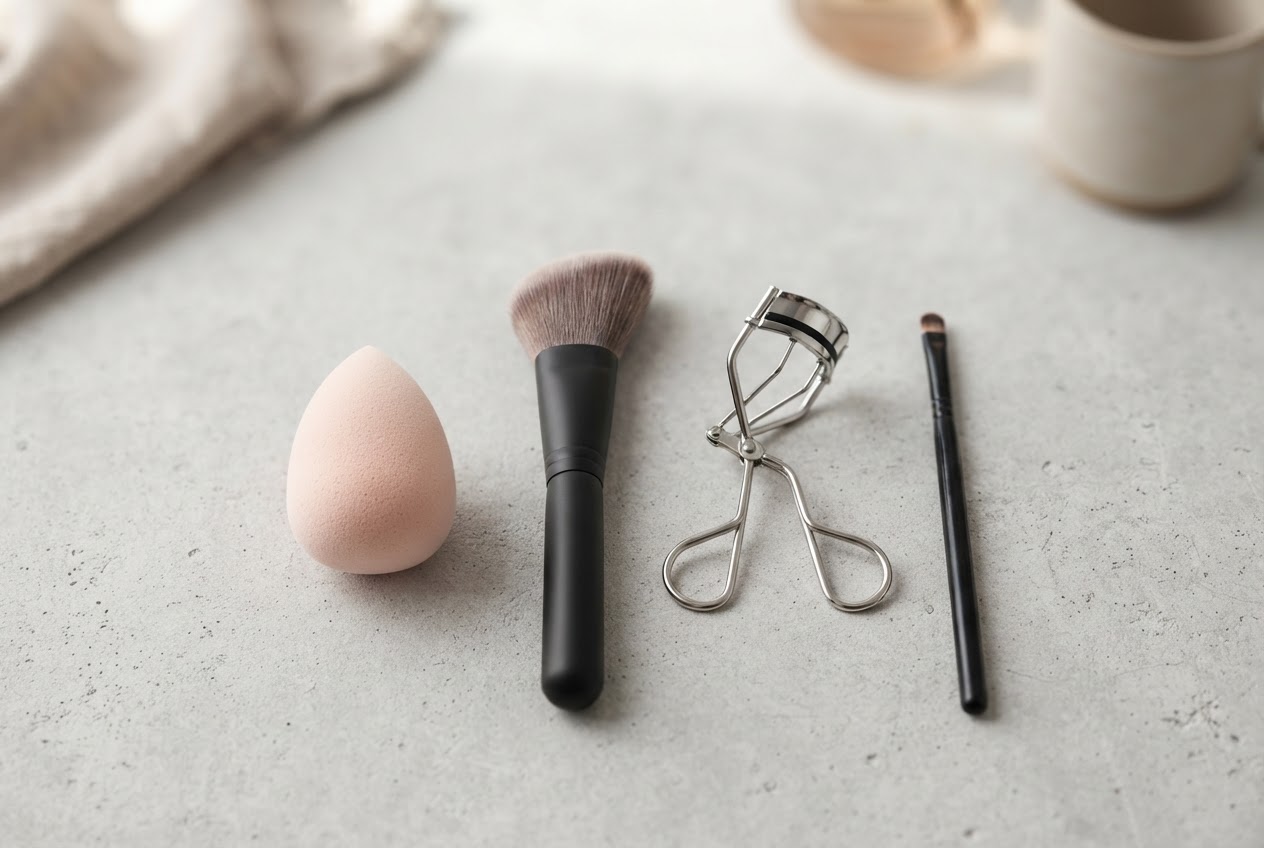 A flat lay of a makeup sponge, blush brush, eyelash curler, and lip brush.