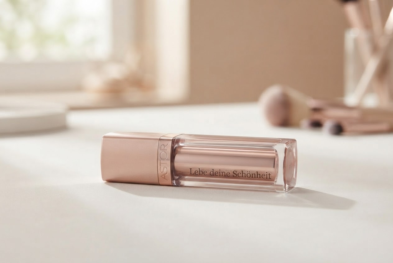 Modern ASTOR lipstick or palette with the slogan 'Lebe deine Schönheit'.
