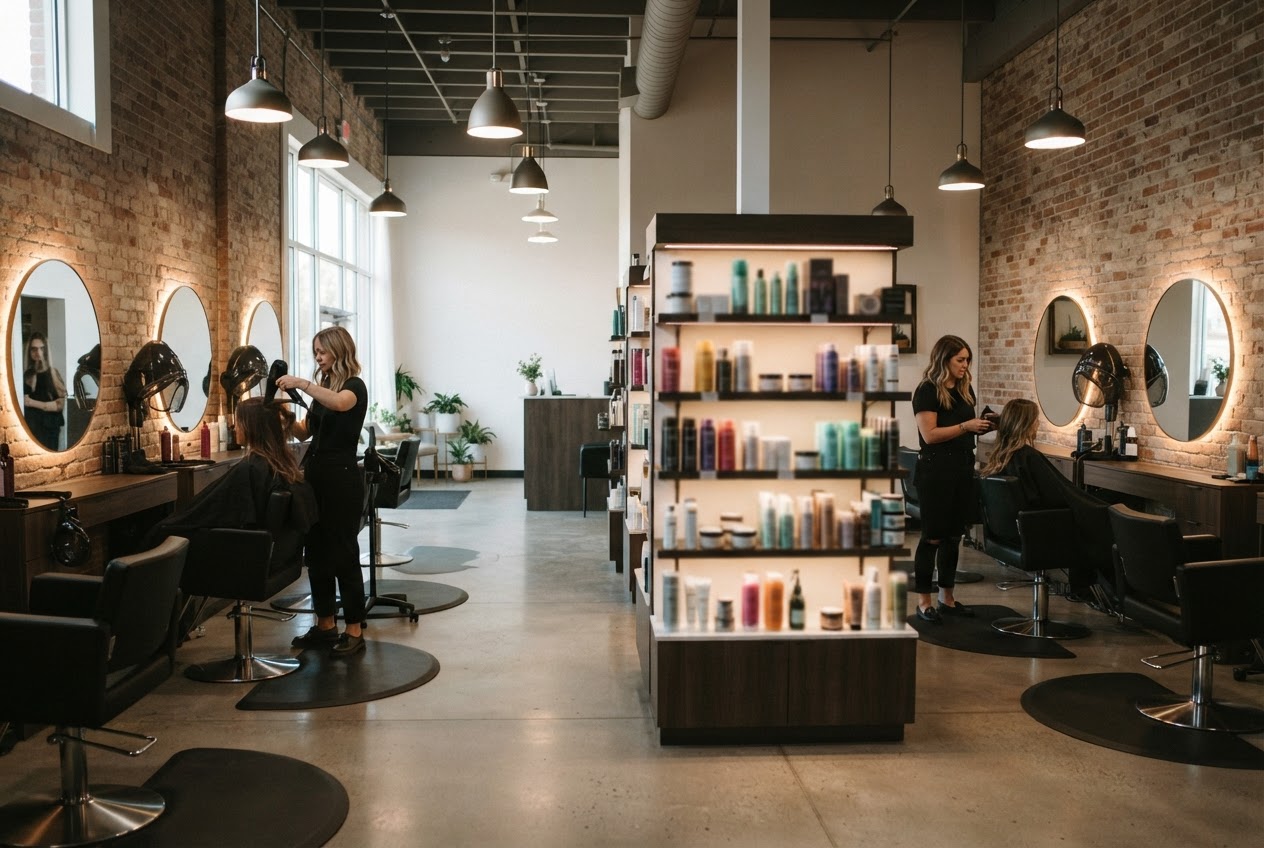 Modern hair salon interior with styling stations and shelves of professional hair products.