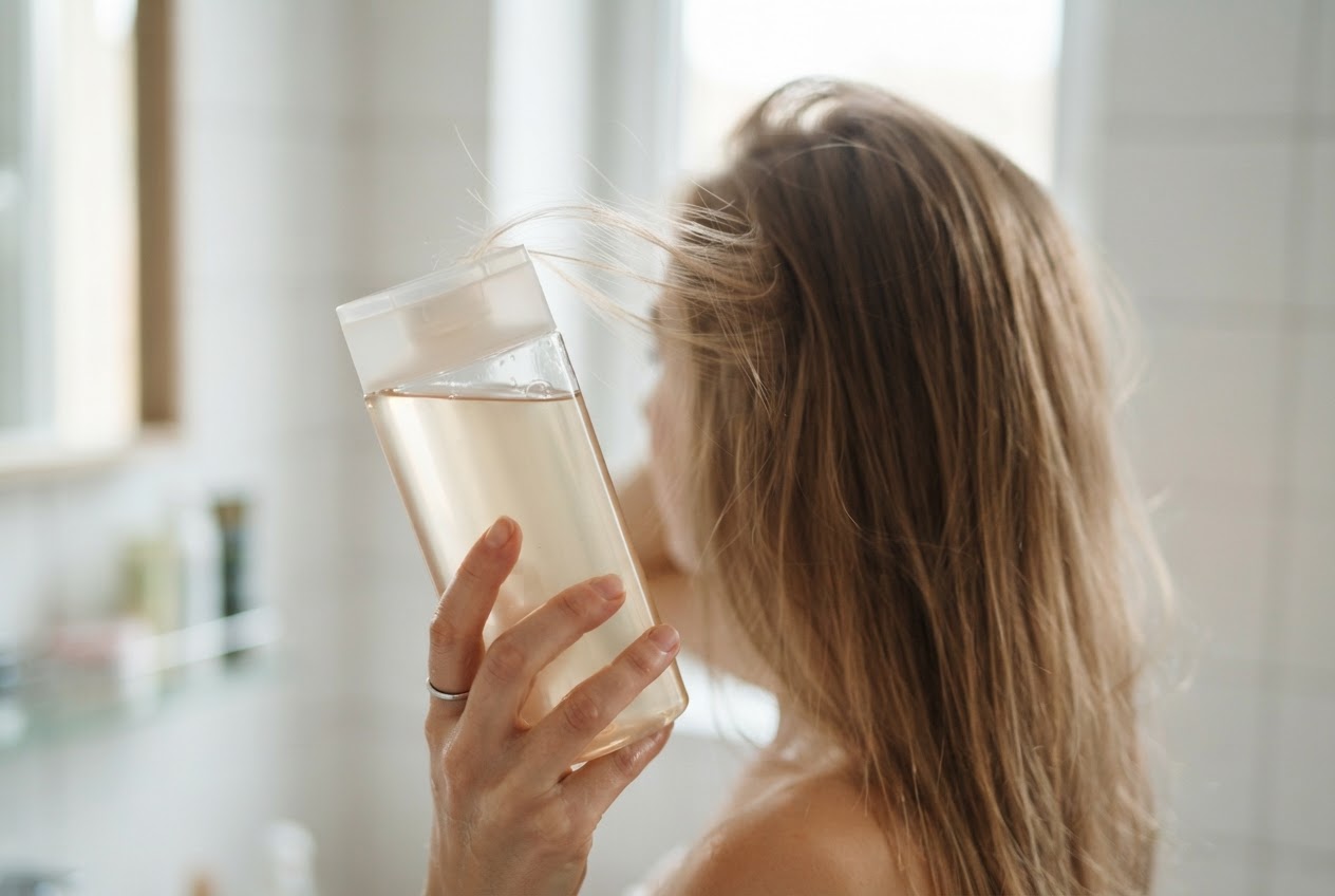 A hand holding a sleek translucent bottle of volume shampoo, with fine hair strands lifting near the scalp in the background.