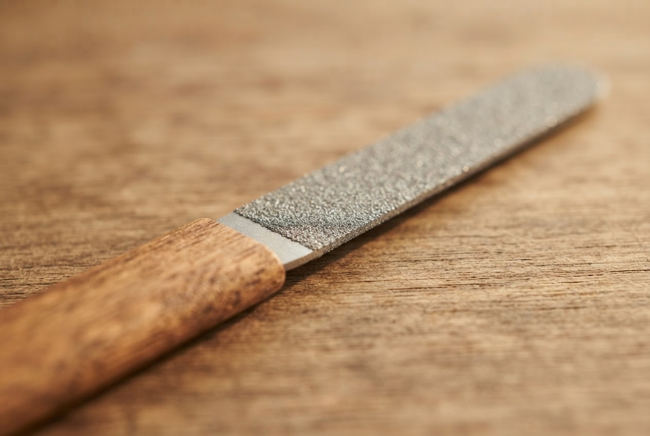Eine Nagelfeile mit Holzgriff und eingelassener Glas-Schleiffläche liegt auf einer Holzoberfläche.