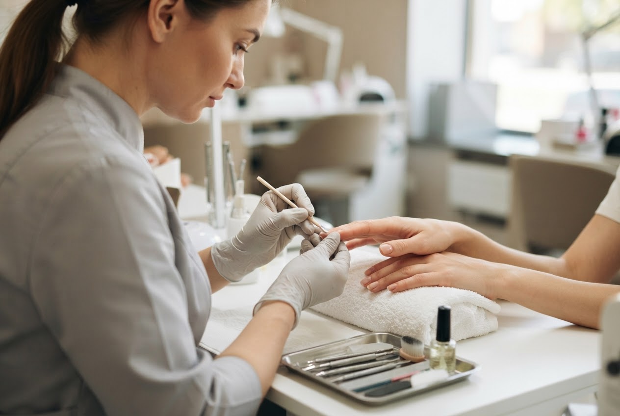 A nail technician examining a client's natural nails and gently pushing back cuticles with a wooden stick.